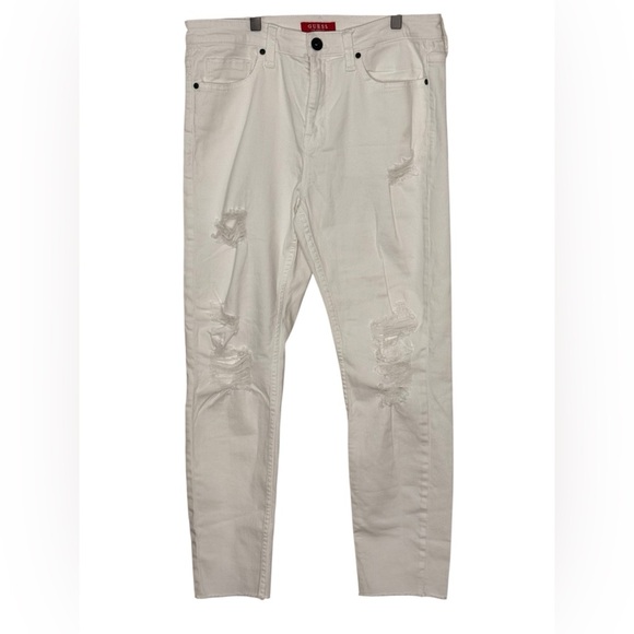 Guess Women's High Rise Tapered Slim Distressed White Jeans with raw hem Size 32 - Picture 2 of 6